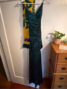 Cinderella divine Emerald Green Sequin Spaghetti Strap Gown